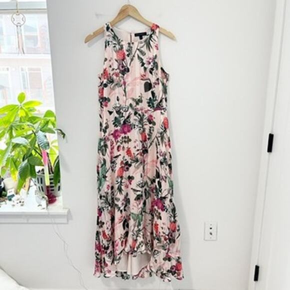 Banana Republic Pink Botanical Floral Print Midi Dress Size 6 - Picture 1 of 9